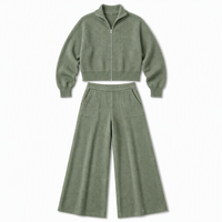 Ensemble deux pièces tricoté pour femme avec logo personnalisé OEM : Cardigan zippé en maille douce et pantalon large – Collection Automne Hiver