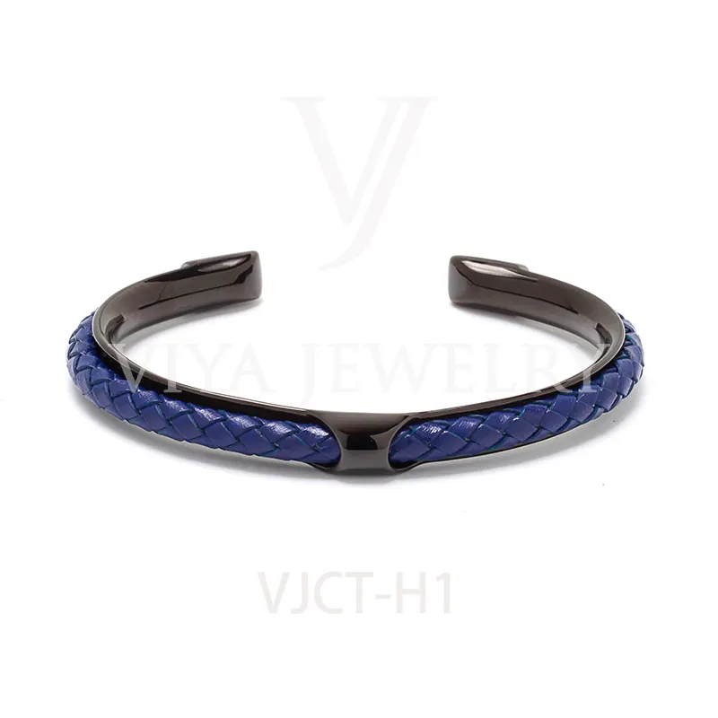 Popular braided synthetic leather stainless steel h Bangle Bracelets For Men