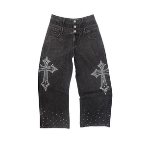Jean baggy YUANBOFEI pour homme, vintage, <span class=keywords><strong>noir</strong></span>, en denim, double ceinture, décor croix en strass, <span class=keywords><strong>streetwear</strong></span>, <span class=keywords><strong>pantalon</strong></span> décontracté - Product Image 2