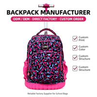 Sac à dos à roulettes tendance style preppy avec motif feuilles et fermeture éclair pour étudiants, sac d'école à roulettes 2-en-1 grande capacité