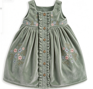 Vestito da bambina <span class=keywords><strong>in</strong></span> cotone a coste con ricamo floreale, balze e bottoni frontali, senza maniche, linea ad A, lunghezza al <span class=keywords><strong>ginocchio</strong></span>, autunnale - Product Image 3