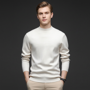 Suéter de Punto para Hombre, Cuello Redondo, Color Blanco Sólido, 100% Algodón, Manga Larga, Casual, Invierno, Corte Regular, Cuello Acanalado - Product Image 3