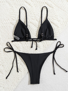 Ensemble de bikini triangulaire pour femmes, couleur unie, avec liens sur les côtés, maillot de bain à bretelles réglables, vêtements de plage pour dames - Product Image 1