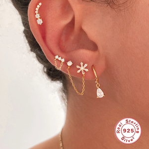 Pendientes de Plata de Ley S925 con Borla de Cadena de Flores Geométricas y Diamante Solitario - Product Image 3