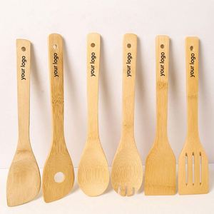 Lot de 6 ustensiles de cuisine en bambou antidérapants : spatule, cuillère, pelle, spatule carrée à long manche – Fournitures de cuisine en gros - Product Image 2