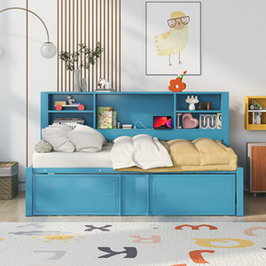 Lit de rangement en bois bleu avec étagères et lit gigogne coulissant pour enfants, adultes et personnes âgées - Product Image 2
