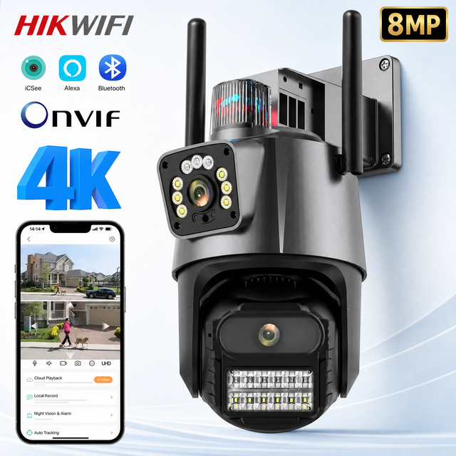 ICSEE Camera 4k 8MP Outdoor Dual Lens Wireless PTZ Waterproof Security CCTV With Warning Light Camara De Seguridad Wifi