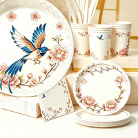 Kit de Vaisselle Jetable de Luxe à Motifs Floraux et d'Oiseaux, Assiettes, Gobelets, Serviettes et Couverts en Papier Écologique 100% Pâte de Bois Vierge