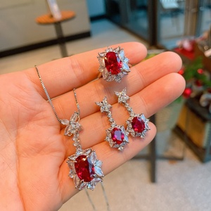 Fashion Eco-friendly Copper Fresh Style Red Zircon Necklace and Ear Ring 3PCS <b>Set</b> Lucky Flower Jewelry <b>Set</b> for Women Daily Wear - Product Image 1