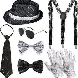 Tenues Disco Années 70 et <span class=keywords><strong>80</strong></span>, Costume de Danseuse, Gants à Paillettes, Chapeau Noir, Lunettes de Soleil, <span class=keywords><strong>Cravate</strong></span>, Sangle à Paillettes pour Halloween, Cosplay, Fête - Product Image 1