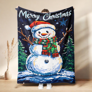 Couverture en flanelle douce personnalisée avec motif de trio de bonhommes de neige de Noël vintage, légère et anti-acariens, imprimé bleu et blanc, cadeau - Product Image 2
