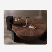 Table basse ronde en bois de noyer de style moderne du milieu du siècle, simple et moderne, avec rangement pour salon