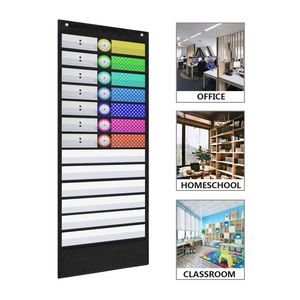 Tableau de planification quotidienne pour la salle de classe, tableau mural suspendu double face, 13 poches, tissu polyester NOIR/BLEU pour les enseignants - Product Image 5