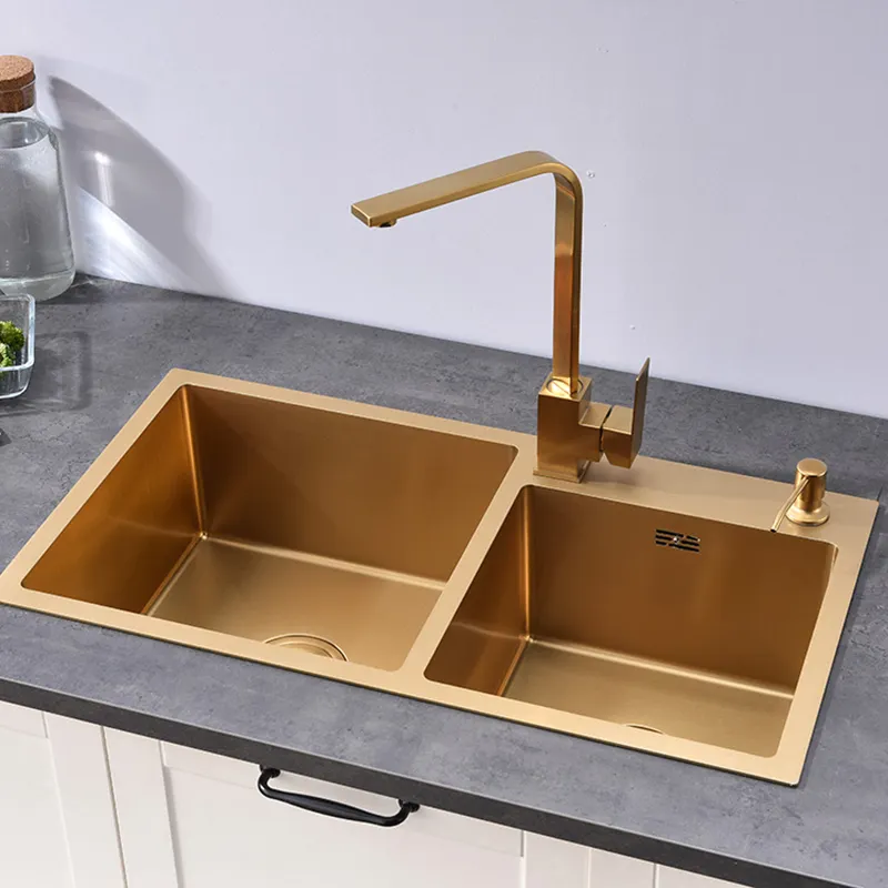 Gold Kitchen Sink Above Counter or Undermount 304 Stainless Steel double Bowl Basket Drainer Soap Dispenser Washing Basin