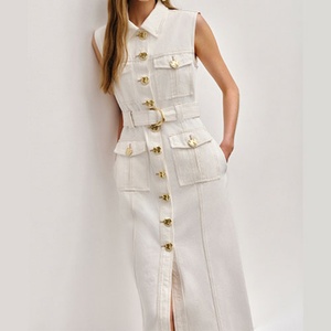 เดรสยีนส์ผ้าฝ้ายทรงเอไลน์แบบมีกระดุมด้านหน้า คอปก แขนกุด ระบายอากาศได้ดี สไตล์วินเทจทันสมัยสำหรับผู้หญิง - Product Image 1