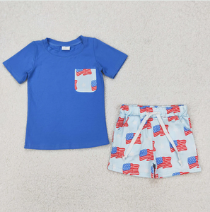 Tenues 2 couleurs pour bébés garçons frères : chemises à poches et shorts à motifs drapeaux du 4 juillet - Product Image 2