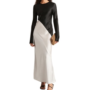 Abito Formale Elegante Personalizzato di Alta Qualità Primavera-Estate, Bicolore Nero e Bianco, Collo Tondo, Maniche Lunghe in Raso - Product Image 1