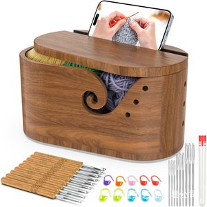 Cuenco ovalado de madera para hilo con tapa, caja de almacenamiento para agujas y hilo tejida a mano, cuenco de madera maciza para guardar hilo de tejer - Product Image 1