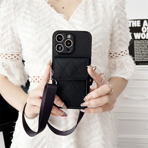Coréen bandoulière lanière <span class=keywords><strong>collier</strong></span> sangle porte-carte porte-monnaie couverture en cuir pu étui pour iPhone 12 13 14 15 16 Pro Max losange - Product Image 4