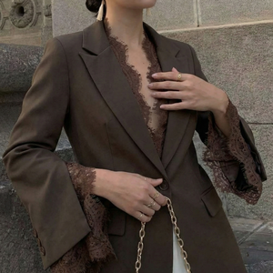 Blazer Negro de Diseñador para Mujer, con Flecos de Encaje, Cierre de un Solo Botón, Traje de Negocios para Oficina, Cierre Cruzado, Tejido de Lana - Product Image 1