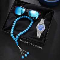 Ensemble de montres à quartz avec bracelet en acier inoxydable à chiffres romains et diamants, bracelet chapelet et lunettes de soleil – Coffret cadeau 3 pièces