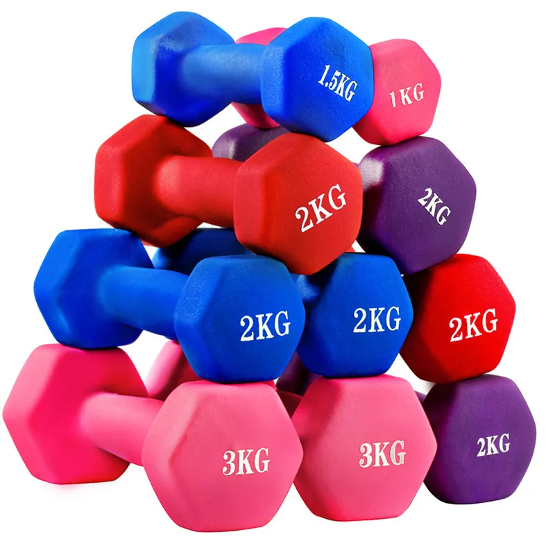 wholesale 0.5-10kg customized mini Dumbbells Chloroprene Rubber Coated Weight women Gym Equipment Rack Hex Dumbbells