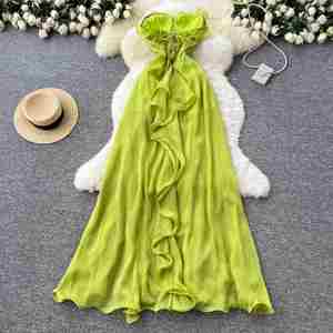 Vestido Midi de Verano 2025 para Mujer, Sostenible, Sexy, Sin Tirantes, Asimétrico, con Abertura, Corte en A, Túnica, Ajustado, Casual, Tejido Transpirable, Estilo Imperio - Product Image 4