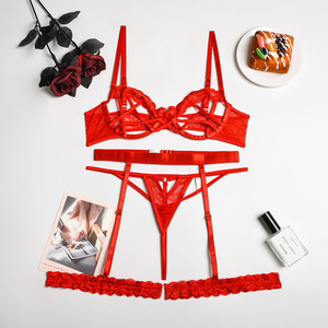 Sexy Hollow Out Cross Bandage Lingerie Set With Garter Belt Hot 3-Piece Bra and Thong Set for Adult Girl - Product Image 6