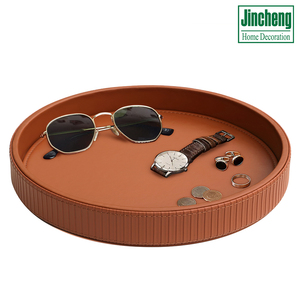 Brown Stripe Round Leather <strong>Tray</strong> Desktop Storage Organizer <strong>Decorative</strong> <strong>Tray</strong> for Nightstand or <strong>Dresser</strong> - Product Image 1