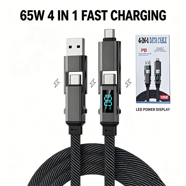 Premium PD65W 3A 4 in 1 Fast Charging Led Display Nylon Flat Braided Type C Cable Pure Copper Data Sync Charging Cord for Phone