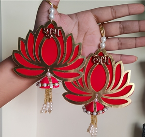 Traditional Red Lotus Wall Hanging with Tassels for Diwali Indoor Decor Living Room Metal Flower Design - Product Image 1