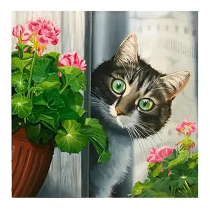 Le joli chat et Pot de fleur bricolage diamant peinture moderne maison tenture murale photo décor Animal diamant broderie pleine perceuse