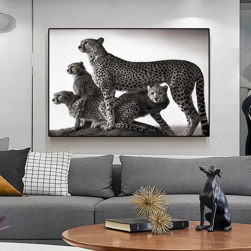 Animal selvagem Leopardos Cheetahs Lona Preto e Branco Poster Impresso Animal Imagem arte da parede africano emoldurado animal decoração pintura