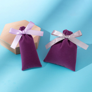 Purple Velvet <b>Drawstring</b> <b>Pouch</b> 15x20cm Jewelry Storage Bag With Ribbon For Cosmetics And Accessories Packaging - Product Image 2
