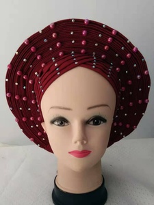 Nouveau turban africain Aso Oke avec perles et diamants pour femme adulte, idéal pour les fêtes, en tulle et dentelle française. Dentelle en filet - Product Image 4