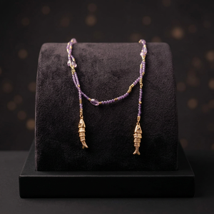 Sstringz Lavender Purple Crystal Beaded Lariat <b>Necklace</b> with Gold Fish Charms, Handmade Boho Fashion <b>Statement</b> Jewelry for Women - Product Image 3
