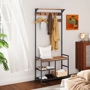 Vintage Brown Metal Wood <strong>Coat</strong> Rack Floor Standing <strong>Corner</strong> Entryway Bench <strong>Coat</strong> Hanger <strong>Stand</strong> With Shoe Storage - Product Image 2