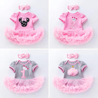 Nouvel ensemble 3 pièces pour bébé fille (0-2 ans) : Robe d'été, barboteuse en dentelle, jupe et bandeau en mousseline pour célébration d'anniversaire