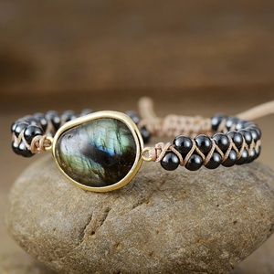 Bracelet en perles noires double couche tissé à la main vintage Bracelet en pierre Briolette colorée pour femmes bijoux cadeau - Product Image 1