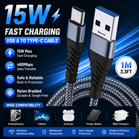 Kabel Nylon Braid Ujung Logam Model Baru 15W USB a ke Tipe C 1m Warna-warni Oem Odm Tembaga Murni dengan Dukungan Pengisian Daya dan Transfer Data
