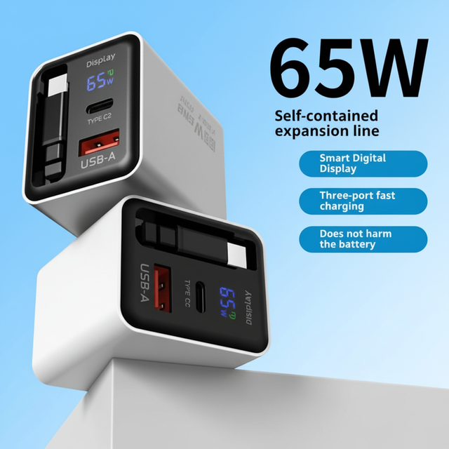 Gan 65W Type-C Desktop Charger Retractable Cable Digital Display PD Fast Charging 5V/3A Input 100-240V Laptop Phone Tablet