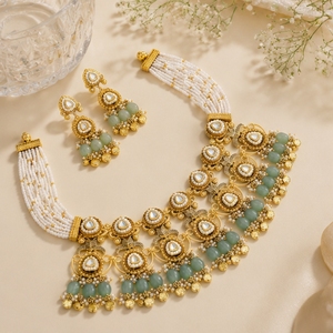 Traditional 925 <b>Silver</b> Necklace and Earrings Set with White Beads and Green Stones Bridal Wedding Party Jewelry for Women - Product Image 3