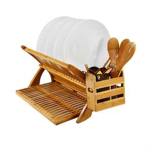 Support d'assiettes de cuisine en bambou pliable à 2 niveaux Armoires PC <span class=keywords><strong>Égouttoir</strong></span> d'évier à un niveau Plateau de rangement pour le séchage Organisateur de présentation - Product Image 2