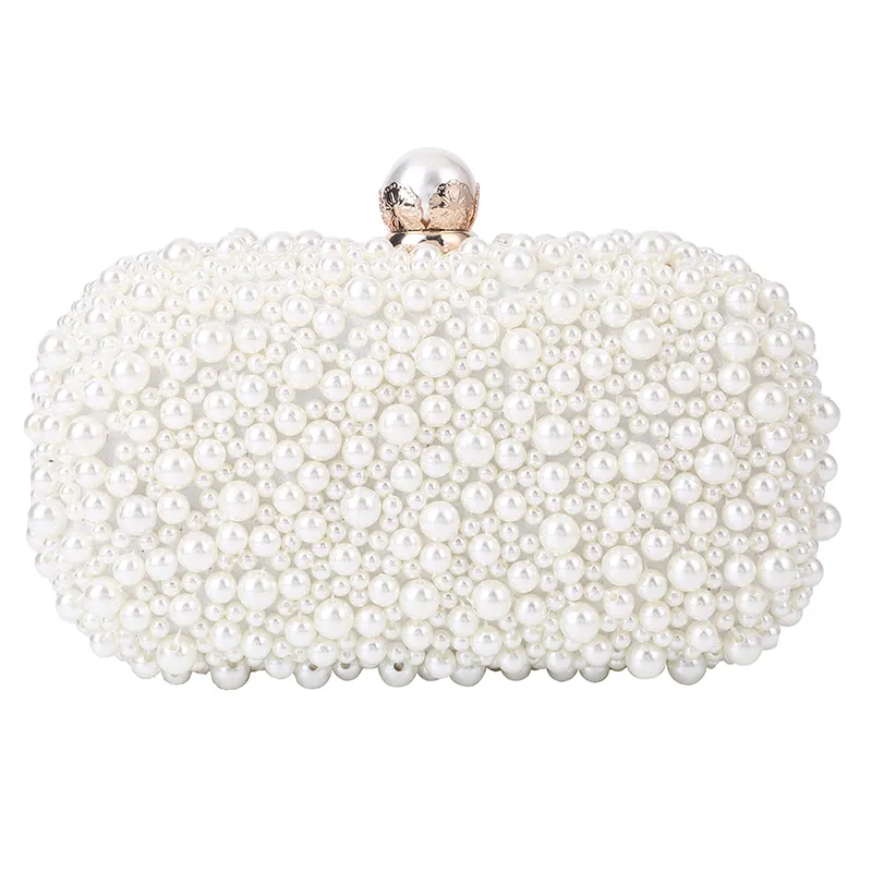 Bolso de mano de lujo con perlas y cristales para mujer, bolsa de noche de lujo con perlas de imitación de color blanco para boda