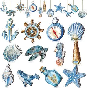 Summer Beach Wood Banner Anchor Sea Turtle Shell Starfish Signs Blue Ocean Tree Decor Nautical Coastal Theme Hanging Ornaments