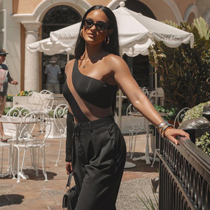 JULISSA MO Women's High Stretch Long Sleeve Bodysuit Full Sleeve Medium Thickness Patchwork Design Fashion Shaping Wear - Product Image 3