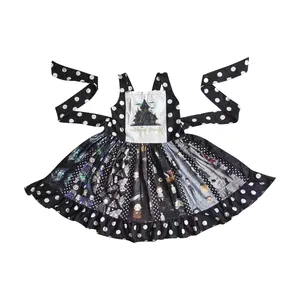 kid girl dresses high quality Black cartoon castle character letter print black and white polka dot lace belt sleeveless dress