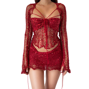 Ensemble 2 pièces tendance en tissu pull populaire, à sequins, manches longues et découpes, pour soirée - Product Image 1