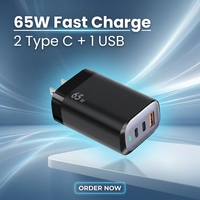 Chargeur mural GaN en gros pour ordinateur portable, 2 ports Type-C, 1 port USB-A, 65W max, QC PD, pour téléphones mobiles