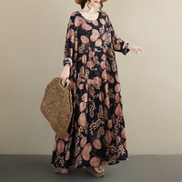 Robes maxi décontractées vintage en coton uni teint, à imprimé floral, taille plus, pour femmes, robe à manches mi-longues, robe de soirée élégante pour femmes